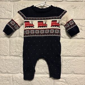 Janie and Jack Navy and Red Trains Pattern Footie One Piece 0 to 3 Months